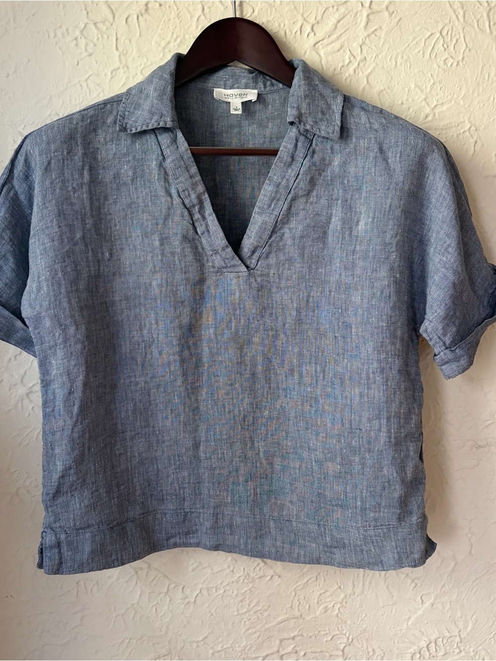 HAVEN 100% Linen Blend Short Sleeve V-Neck Blouse
